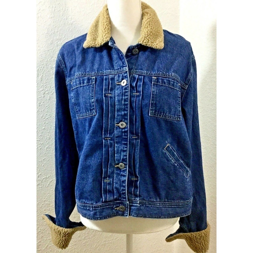 LIZ Claiborne Denim Jeans Jacket‎ Trucker Cotton Blue Sz XL Sherpa Collar Womens